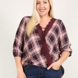 Plaid 3/4 Sleeve Top With Hi-lo Hem, V-neckline, And Relaxed Fit